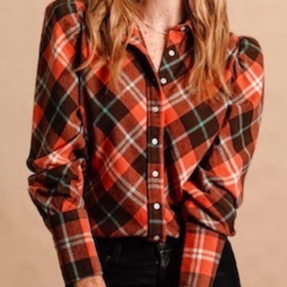 The Shirt By Rochelle Behrens flannel puff shoulder Shirt Size L